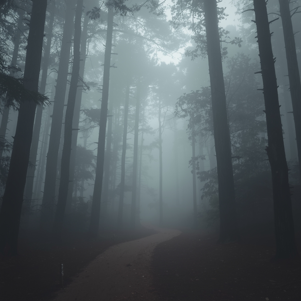A mysterious dense forest enveloped in thick mist, tall ancient trees, a narrow winding dirt path disappearing into the fog, ethereal lighting, completely empty forest scene --no human, woman